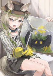 Rule 34 | 1girl, :d, absurdres, animal, animal ears, arknights, beanstalk (arknights), black collar, black shorts, bottle, box, braid, brown hair, cage, collar, commentary request, crab, ears through headwear, feet out of frame, flower, flower on head, gloves, green hair, green shirt, hair between eyes, highres, holding, holding box, hyena ears, hyena girl, hyena tail, looking at viewer, metal crab (arknights), multicolored hair, open mouth, red eyes, shirt, shorts, side braid, single braid, single glove, sitting, smile, spray bottle, streaked hair, striped clothes, striped shirt, tail, white shirt, yellow flower, yellow gloves, yui ri ka