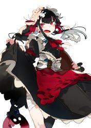 Rule 34 | 1girl, apron, bandaged leg, bandages, black dress, black hair, blush, cross, cross earrings, dress, earrings, fangs, frills, hair ornament, hair ribbon, holding, holding tray, jewelry, karei, long hair, maid, maid day, open mouth, original, red apron, red eyes, red neckwear, ribbon, sidelocks, simple background, skirt hold, solo, tray, twintails, white background