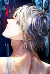 Rule 34 | 1boy, alhaitham (genshin impact), artist name, blood, blurry, blurry foreground, closed mouth, dated, dripping, earrings, expressionless, from behind, genshin impact, glint, green eyes, grey hair, hair between eyes, head back, highres, jewelry, looking back, male focus, shivaille, short hair, solo, swept bangs, upper body, water, water drop, wet