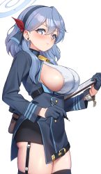 Rule 34 | 1girl, ako (blue archive), ass, bell, belt collar, black skirt, black thighhighs, blue archive, blue eyes, blue gloves, blue hair, blue hairband, blue jacket, blush, breasts, buttons, chain, clipboard, closed mouth, collar, cowboy shot, double-breasted, earrings, garter straps, gloves, gun, hair behind ear, hairband, half gloves, halo, hand up, handgun, highres, holding, holding clipboard, holding pen, holstered, jacket, jewelry, large breasts, long sleeves, looking away, luger p08, medium hair, megalateo, neck bell, pen, shirt, sideboob, sidelocks, simple background, skirt, sleeveless, sleeveless shirt, solo, stud earrings, thighhighs, thighs, weapon, white background, white shirt, wrist cuffs