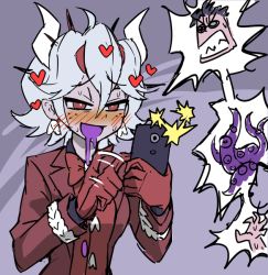1girl, angry, beelzebub (helltaker), blush, bow, bowtie, breasts, commentary request, demon girl, demon horns, drooling, earrings, formal, freckles, gloves, grey hair, hair between eyes, heart, helltaker, helltaker (character), holding, holding phone, horns, jewelry, kyo-hei (kyouhei), long sleeves, motion lines, nose blush, open mouth, pants, phone, red bow, red eyes, red gloves, red neckwear, red shirt, shirt, short hair, smile, solo focus, spoken character, suit, sunglasses, sweat, teeth, tentacle, waistcoat, white horns