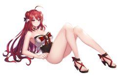 Rule 34 | 1girl, ahoge, armpits, bare shoulders, blush, breasts, choker, cleavage, cross-laced footwear, double bun, erze (king&#039;s raid), feet, full body, hair between eyes, hair ribbon, king&#039;s raid, knees up, large breasts, long hair, looking at viewer, official art, one-piece swimsuit, red eyes, red hair, ribbon, sandals, slit pupils, smile, solo, strapless, strapless one-piece swimsuit, swimsuit, transparent background