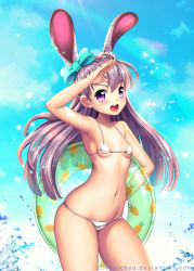 Rule 34 | 1girl, :d, animal ears, arm up, armpits, artist name, asymmetrical bangs, bare arms, bare shoulders, bikini, blue bow, blue sky, blush, bow, breasts, carrot print, cloud, collarbone, contrapposto, cowboy shot, day, disney, elin, eyebrows, food print, hair bow, hair ornament, hair scrunchie, hand on forehead, innertube, judy hopps, long hair, looking at viewer, machinery, navel, open mouth, outdoors, personification, pham thai chau, purple eyes, rabbit ears, round teeth, salute, scrunchie, silver hair, skindentation, sky, small breasts, smile, solo, splashing, standing, stomach, swim ring, swimsuit, tareme, teeth, water, watermark, web address, white bikini, zootopia