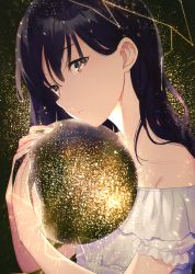 Rule 34 | 1girl, absurdres, achiki, ball, bare shoulders, black background, black hair, close-up, collarbone, constellation, dress, expressionless, eyes visible through hair, frilled sleeves, frills, from side, glowing, hair behind ear, hair between eyes, hair over shoulder, head tilt, highres, holding, holding ball, holding to chest, leo (constellation), long hair, looking at viewer, looking to the side, multicolored background, multicolored eyes, off-shoulder dress, off shoulder, open mouth, orb, original, parted lips, planetarium, short sleeves, simple background, solo, sparkling eyes, tareme, upper body, white dress, yellow background