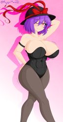 Rule 34 | abs, arm up, armpits, blinking, breasts, hat, highres, huge breasts, legs, leotard, megamoo, nagae iku, pantyhose, pink background, playboy bunny, purple hair, red eyes, red ribbon, ribbon, smile, solo, thighhighs, thighs, touhou
