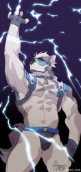 Rule 34 | 1boy, abs, absurdres, animal ears, arm up, artist request, bara, bare pectorals, beard, beenic, bulge, dog boy, dog ears, electricity, electrokinesis, facial hair, feet out of frame, furry, furry male, goggles, gyee, highres, huge eyebrows, large pectorals, male focus, mature male, muscular, muscular male, nipples, original, pectorals, short hair, solo, stomach, thick eyebrows, thick thighs, thighs
