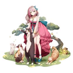 Rule 34 | 1girl, animal, artist request, bare legs, black cat, blue bow, blunt bangs, bow, bug, butterfly, calico, cat, cat stretch, dress, eversoul, full body, game cg, grass, green eyes, green footwear, grey hair, hair bow, hanbok, high heels, highres, holding, holding animal, holding cat, insect, jiho (eversoul), korean clothes, lantern, long hair, long sleeves, looking to the side, multicolored hair, nail polish, non-web source, official alternate costume, official alternate hairstyle, official art, orange cat, parted lips, pink dress, pink hair, see-through, see-through sleeves, sidelocks, skirt, smile, streaked hair, stretching, tachi-e, tassel, transparent background, tree, white cat