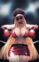 Rule 34 | 1girl, aviator sunglasses, bikini, blonde hair, boxing gloves, boxing ring, breasts, choker, cleavage, collarbone, commission, hat, highres, large breasts, long hair, looking at viewer, looking over eyewear, looking over glasses, navel, original, parted lips, peaked cap, pencil skirt, red bikini, red eyes, skirt, solo, sunglasses, sweat, swimsuit, symbol-shaped pupils, tinted eyewear, tunamayo (dsasd751)