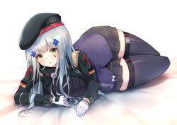 Rule 34 | 1girl, :o, absurdres, aratake, beret, black thighhighs, blue hair, blush, breasts, commentary, full body, german flag, girls&#039; frontline, gloves, green eyes, hair ornament, hairclip, hand on floor, hat, highres, hk416 (girls&#039; frontline), light blue hair, long hair, long sleeves, looking at viewer, medium breasts, on floor, open mouth, plaid, plaid skirt, simple background, skirt, solo, tactical clothes, teardrop facial mark, teardrop tattoo, thighhighs, thighs, white gloves
