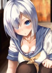 Rule 34 | 1girl, black pantyhose, blue eyes, blurry, breasts, cleavage, depth of field, eyes visible through hair, hair ornament, hair over one eye, hairclip, hamakaze (kancolle), highres, kantai collection, konkito, large breasts, looking at viewer, neckerchief, pantyhose, parted lips, sailor collar, sailor shirt, school uniform, serafuku, shirt, silver hair, solo, squatting, triangle mouth, yellow neckerchief