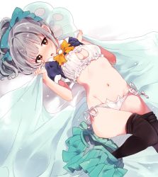 Rule 34 | 10s, 1girl, :o, alternate costume, alternate legwear, aqua bow, aqua skirt, bad id, bad pixiv id, bell, black thighhighs, blanket, blanket grab, blush, bow, bowtie, breasts, brown eyes, cat cutout, cat ear panties, cat lingerie, choker, cleavage, cleavage cutout, clothes lift, clothing cutout, eyebrows, frills, grey hair, groin, hair bow, jingle bell, kantai collection, long hair, looking to the side, lying, medium breasts, meme attire, natsumi (natumi06), navel, neck bell, on back, on stomach, orange bow, orange bowtie, panties, paw print, pillow, pleated skirt, ponytail, shirt lift, short sleeves, side-tie panties, skirt, skirt around one leg, solo, stomach, thighhighs, underwear, unzipped, white panties, yuubari (kancolle)