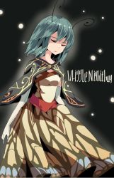 Rule 34 | 1girl, alternate costume, antennae, aoi kujira, bad id, bad twitter id, bug, capelet, character name, closed eyes, dress, elbow gloves, firefly, gloves, green hair, insect, short hair, simple background, solo, touhou, white background, wriggle nightbug