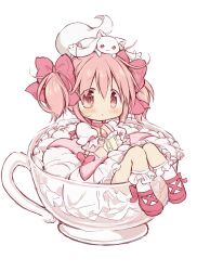 Rule 34 | 1girl, absurdres, bow, closed mouth, coffee cup, commentary, cup, disposable cup, dress, full body, hair bow, highres, hitode, in container, in cup, kaname madoka, kyubey, looking at viewer, magical girl, mahou shoujo madoka magica, pink bow, pink dress, pink eyes, pink footwear, pink hair, short hair, short sleeves, short twintails, simple background, socks, twintails, white background, white socks