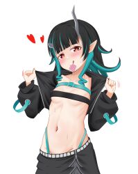 Rule 34 | 1girl, nanashi inc., :q, belt, belt bra, black hair, black jacket, black skirt, blue belt, blue hair, blue panties, blush, breasts, chest belt, closed mouth, commentary request, condom, condom in mouth, condom wrapper, cowboy shot, cropped jacket, demon girl, demon horns, demon tail, grey skirt, groin, heart, heart-shaped pupils, highleg, highleg panties, highres, horns, jacket, koneko idk, layered skirt, long hair, long sleeves, looking at viewer, midriff, mouth hold, multicolored hair, navel, open clothes, open jacket, panties, red eyes, shishio chris, simple background, skirt, small breasts, smile, solo, sugar lyric, sweat, symbol-shaped pupils, tail, tongue, tongue out, two-tone hair, underwear, virtual youtuber, white background, zipper, zipper skirt
