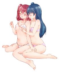 Rule 34 | 10s, 2girls, bad id, bad pixiv id, bare legs, barefoot, blue hair, blush, bra, bra lift, grabbing another&#039;s breast, breasts, clenched hand, closed eyes, grabbing, grabbing from behind, hair bun, hand on another&#039;s thigh, highres, kurosawa ruby, long hair, love live!, love live! sunshine!!, midriff, multiple girls, navel, nipples, nose blush, panties, parted lips, polka dot, polka dot bra, polka dot panties, purple bra, purple panties, red hair, side bun, simple background, single side bun, sitting, small breasts, syou (endemic species), tsushima yoshiko, underwear, underwear only, white background, white bra, white panties, yuri