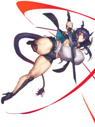 Rule 34 | 1girl, alternate breast size, arknights, arm behind head, belt, black footwear, black gloves, black jacket, black shorts, blue belt, breasts, ch&#039;en (arknights), collared shirt, commentary request, dragon horns, dragon tail, dress shirt, fingerless gloves, full body, gloves, green jacket, high heels, highres, holding, holding sword, holding weapon, horns, huge breasts, jacket, leg up, long hair, looking at viewer, melon22, necktie, open clothes, open jacket, orange necktie, outstretched arm, parted lips, purple hair, red eyes, shin guards, shirt, short shorts, shorts, simple background, solo, sword, tail, thick thighs, thighs, v-shaped eyebrows, weapon, white background, white shirt, wing collar