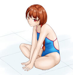 Rule 34 | 1girl, anon., blue one-piece swimsuit, braid, brown hair, commentary request, competition swimsuit, hair over shoulder, highleg, highleg swimsuit, highres, indian style, kantai collection, long hair, looking at viewer, nevada (kancolle), one-piece swimsuit, red eyes, simple background, single braid, sitting, solo, swimsuit, white background