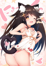 Rule 34 | 1girl, ;d, animal ears, ass, bare arms, bare shoulders, black hair, borrowed character, breasts, brown eyes, cat ears, cat girl, cat tail, cisyo, cleavage, cleavage cutout, clothing cutout, commentary request, dress, fang, hair ornament, heart, heart cutout, heart tail, highres, long hair, medium breasts, one eye closed, open mouth, original, panties, paw print, pink background, pink panties, short dress, sleeveless, sleeveless dress, smile, solo, star (symbol), symbol-shaped pupils, tail, translation request, underwear, very long hair, white dress
