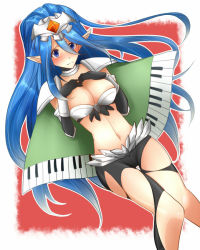 Rule 34 | 10s, armor, belt, bikini, bikini top only, blue eyes, blue hair, blue theme, breasts, cape, cardfight!! vanguard, cleavage, elf, gloves, gold paladin, headdress, long hair, looking at viewer, pantyhose, piano keys, player of the holy bow viviane, pointy ears, swimsuit, torn clothes, torn legwear
