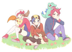 Rule 34 | 1girl, 2boys, :d, alternate color, backwards hat, bad id, bad pixiv id, baseball cap, blush, bow, brown hair, brown pants, cabbie hat, capri pants, chikorita, closed eyes, closed mouth, commentary request, cowlick, creatures (company), cyndaquil, ethan (pokemon), eyelashes, flower, game freak, gen 2 pokemon, grass, hat, hat bow, holding, holding pokemon, jacket, long hair, long sleeves, lyra (pokemon), medium hair, multiple boys, nintendo, open mouth, pants, pokemon, pokemon (creature), pokemon hgss, pumpkinpan, purple pants, red footwear, red hair, red jacket, red shirt, shiny pokemon, shirt, shoes, silver (pokemon), sitting, smile, teeth, thighhighs, tongue, totodile, twintails, upper teeth only, white headwear, white thighhighs, zipper pull tab