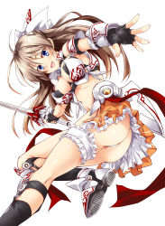 Rule 34 | 1girl, ahoge, ass, black gloves, black legwear, blue eyes, blush, breasts, brown hair, cleavage, female focus, fingerless gloves, frilled skirt, frills, gloves, holding, holding weapon, legband, long hair, looking at viewer, matsuno canel, midriff, navel, open mouth, orange skirt, original, panties, shoes, skirt, smile, sneakers, solo, sword, underwear, weapon, white background