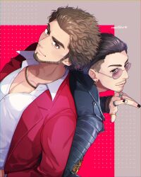 Rule 34 | 2boys, afro, back-to-back, belt, black belt, black eyes, black hair, black jacket, black nails, brown hair, chain, collarbone, collared shirt, cowboy shot, determined, earrings, facial hair, formal, goatee, gold chain, gold necklace, jacket, jewelry, kasuga ichiban, leather, leather jacket, looking at viewer, male focus, multiple boys, multiple rings, mutarou (mu), necklace, open hand, print shirt, red jacket, red suit, ring, round eyewear, ryuu ga gotoku (series), ryuu ga gotoku 7, shirt, short hair, shorts, smile, standing, suit, sunglasses, upper body, white shirt, yellow shirt, zhao tianyou