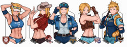 Rule 34 | abs, alternate hairstyle, blonde hair, capcom, crop top, final fight, final fight tough, hershuar, highres, lucia morgan, multiple persona, muscular, muscular female, official alternate costume, police, police uniform, policewoman, short hair, smile, spiked hair, sportswear, street fighter, street fighter v, toned, uniform, upper body, volleyball uniform