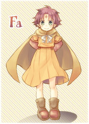 Rule 34 | 1girl, arms behind back, blue eyes, blush, boots, cape, character name, child, dress, facial mark, fae (fire emblem), fire emblem, fire emblem: the binding blade, forehead mark, nintendo, pink hair, pointy ears, serina ranshi, short hair, smile, solo, yellow dress