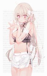 Rule 34 | 1girl, ahoge, bandaged arm, bandages, black ribbon, blurry, blurry background, blush, body writing, bow, bra, braid, breasts, choker, cowboy shot, fingernails, hair between eyes, hair bow, hair ornament, hairclip, hands up, highres, lace, lace-trimmed bra, lace trim, large breasts, light smile, long hair, looking at viewer, midriff, multicolored hair, navel, no shirt, original, own hands together, panties, panty peek, pink eyes, pink hair, plaid, plaid bra, ribbon, shia job, short shorts, shorts, side braid, side slit, side slit shorts, smile, solo, streaked hair, tattoo, two-tone hair, underwear, white background, white bow, white hair, white shorts