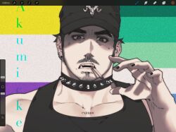 Rule 34 | 1boy, akumicke, bara, baseball cap, black nails, black tank top, bright pupils, cigarette, collar, cropped, earrings, facial hair, flag background, gay male pride flag, goatee stubble, hand up, hat, highres, jewelry, large pectorals, lip piercing, long sideburns, male focus, mature male, mole, mole under eye, muscular, muscular male, mustache, nose piercing, nose ring, original, pectoral cleavage, pectorals, piercing, revision, short hair, sideburns, solo, spiked collar, spikes, stubble, tank top, thick eyebrows, upper body