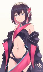 Rule 34 | 1girl, ark ford, artist name, azki (1st costume) (hololive), azki (hololive), bare shoulders, black coat, black hair, coat, commentary, english commentary, highres, hololive, looking at viewer, midriff, navel, pink hair, purple eyes, revealing clothes, solo, virtual youtuber
