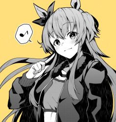 Rule 34 | 1girl, animal ears, arm at side, blush, bow, closed mouth, crop top, ear bow, greyscale with colored background, hand up, highres, horse ears, jacket, long hair, long sleeves, looking at viewer, mayano top gun (umamusume), musical note, open clothes, open jacket, pointing, pointing at self, reon (dainagon azuki), smile, solo, spoken musical note, two side up, umamusume, upper body