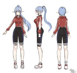 Rule 34 | 1girl, arm cutout, ass, black shorts, blue hair, character sheet, commentary, contemporary, elf, english commentary, highres, indie virtual youtuber, jacket, long hair, long pointy ears, open hand, pointy ears, ponytail, purple eyes, rae laveire, rae laveire (artist), red jacket, shoes, shorts, sketch, sneakers, track jacket, virtual youtuber, white background, white footwear