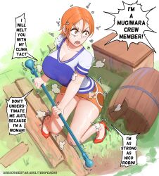 Rule 34 | 1girl, absurdres, angry, barrel, breasts, high heels, highres, large breasts, nami (one piece), one piece, open mouth, orange hair, panties, pantyshot, puri (wettypeach), shirt, short hair, solo, talking, thighs, underwear, wood