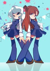 Rule 34 | 2girls, blonde hair, breasts, brown hair, crossover, diana cavendish, kagari atsuko, little witch academia, long hair, multiple girls, panty &amp; stocking with garterbelt, school uniform, shoes, skirt