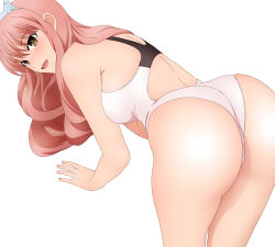 Rule 34 | all fours, ass, breasts, brown eyes, competition swimsuit, fate/grand order, fate (series), long hair, looking at viewer, looking back, medb (fate), medium breasts, one-piece swimsuit, open mouth, pink hair, smile, solo, swimsuit, tiara, two-tone swimsuit, white background, white one-piece swimsuit, yadokari genpachirou