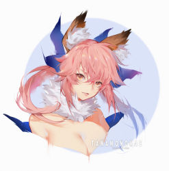 Rule 34 | 10s, 1girl, animal ear fluff, animal ears, bare shoulders, blue bow, bow, breasts, character name, cleavage, copyright name, fate/extra, fate (series), fox ears, hair between eyes, hair bow, highres, large breasts, long hair, long sleeves, looking at viewer, parted lips, pink hair, smile, sola7764, solo, tamamo (fate), tamamo no mae (fate/extra), upper body, yellow eyes