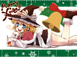 Rule 34 | 1girl, apron, bell, blonde hair, blue eyes, blush, braid, capelet, female focus, hat, hat ribbon, heart, holly, jingle bell, kirisame marisa, lying, namisaki yuka, on stomach, open mouth, ribbon, side braid, smile, snowflakes, solo, thighs, touhou, witch, witch hat