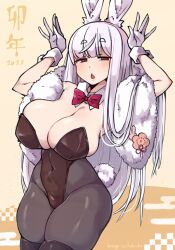 Rule 34 | 1girl, absurdres, breasts, cleavage, gloves, highres, large breasts, leotard, playboy bunny, rabbit tail, short eyebrows, solo, thick eyebrows, thick thighs, thighs, umitsuki (kurage no shokushu)