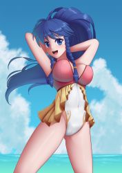 Rule 34 | 1girl, armpits, arms behind head, arms up, blue eyes, blue hair, braid, breasts, cleavage, covered navel, fire emblem, fire emblem heroes, highres, large breasts, long hair, looking at viewer, nintendo, open mouth, ponytail, smile, solo, standing, swimsuit, tana (fire emblem)