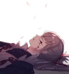 Rule 34 | 1boy, blood, blood on face, closed eyes, feathers, fire emblem, fire emblem fates, highres, lying, male focus, nintendo, ponytail, solo, takumi (fire emblem), white hair