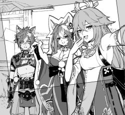 Rule 34 | 1boy, 1girl, animal ears, armor, blush, breasts, cardboard cutout, commentary request, detached sleeves, dog boy, dog ears, earrings, empty eyes, fingerless gloves, fox ears, genshin impact, gloves, gorou (genshin impact), greyscale, hair between eyes, hair ornament, hina (genshin impact), japanese armor, japanese clothes, jewelry, large breasts, long hair, looking at viewer, medium breasts, miko, monochrome, multicolored hair, open mouth, outdoors, paintbrush, selfie, tassel, togatamaki, wide sleeves, yae miko