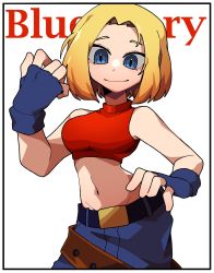 Rule 34 | 1girl, bare shoulders, belt, blonde hair, blue belt, blue eyes, blue gloves, blue mary, blue pants, border, breasts, brown belt, character name, closed mouth, commentary, contrapposto, crop top, fingerless gloves, forehead, gloves, gomulgong, groin, hand on own hip, hand up, highres, looking ahead, medium breasts, midriff, navel, pants, red shirt, shirt, short hair, simple background, sleeveless, smile, solo, stomach, the king of fighters, white background, white border