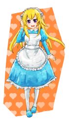 Rule 34 | 1girl, :d, adjusting hair, apron, bad id, bad pixiv id, blonde hair, blue eyes, dress, female focus, frills, full body, heart, highres, lil miss marshmallow, maid headdress, mother (game), mother 3, nintendo, open mouth, smile, solo, white background, white legwear