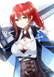 Rule 34 | 1girl, absurdres, breasts, cleavage, highres, holding, holding sword, holding weapon, honkai (series), honkai impact 3rd, looking at viewer, mole, mole on breast, murata himeko, murata himeko (arctic kriegsmesser), ponytail, red hair, simple background, smile, snowing, solo, sword, weapon, white background, yellow eyes, yukki 0125