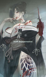 Rule 34 | 1girl, akeha (nier reincarnation), bare shoulders, black nails, blood, blood on clothes, blood on face, blood on hands, bloody weapon, blue lips, copyright name, earrings, film grain, fingernails, gloves, grey hair, hair bun, hair over one eye, highres, holding, holding weapon, indoors, japanese clothes, jewelry, kimono, leg tattoo, long fingernails, long sleeves, maeshima shigeki, medium hair, mole, mole under eye, nail polish, nier (series), nier reincarnation, parted lips, purple eyes, red gloves, sharp fingernails, single hair bun, solo, tattoo, weapon, wide sleeves