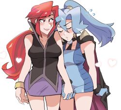 Rule 34 | 2girls, black shirt, blue bodysuit, blue gloves, blue hair, blush, bodysuit, breasts, cape, clair (pokemon), closed eyes, closed mouth, collarbone, cowboy shot, creatures (company), earrings, eyelashes, facing another, flying sweatdrops, game freak, glasses, gloves, grin, hair between eyes, heart, highres, holding, holding cape, holding clothes, holding hands, jewelry, leaning on person, lipstick, long hair, lorelei (pokemon), loveycloud, makeup, medium breasts, multiple girls, nintendo, pencil skirt, pokemon, pokemon masters ex, ponytail, purple skirt, red eyes, red hair, red lips, shirt, sidelocks, simple background, skirt, sleeveless, smile, standing, two-tone bodysuit, white background, yuri