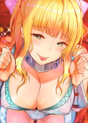Rule 34 | 1girl, arm guards, blonde hair, blurry, blush, breasts squeezed together, breasts, charlotte (fire emblem), cleavage, clenched hands, collar, depth of field, covered erect nipples, fire emblem, fire emblem fates, green eyes, hair ribbon, highres, kh (tanakananataka), large breasts, looking at viewer, naughty face, nintendo, ribbon, smile, solo, tongue, tongue out