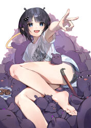 Rule 34 | 1girl, absurdres, armpits, bare legs, barefoot, black hair, black shorts, blue eyes, blunt bangs, bob cut, commentary request, cookie, crowbar, extra ears, eyelashes, fang, feet, food, foot out of frame, foreshortening, hair ornament, highres, hololive, hololive english, kouhiipan, leaning back, legs, medium hair, multicolored hair, ninomae ina&#039;nis, ninomae ina&#039;nis (loungewear), official alternate costume, open mouth, outstretched arm, parted bangs, purple hair, shirt, short hair, short shorts, short sleeves, shorts, sitting, skin fang, smile, soles, solo, streaked hair, t-shirt, takodachi (ninomae ina&#039;nis), thighs, toes, virtual youtuber, white background, white shirt