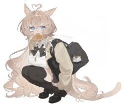 1girl ahoge animal_ears bag black_bow black_bowtie black_footwear black_skirt black_thighhighs blue_eyes bow bowtie breasts brown_hair cardigan cat_ears cat_girl cat_tail collared_shirt crossed_bangs food food_in_mouth frost_fog full_body hair_between_eyes heart heart_ahoge highres large_breasts loafers long_hair long_sleeves looking_at_viewer mouth_hold original pleated_skirt school_bag school_uniform shirt shoes simple_background skirt sleeves_past_wrists solo squatting tail taiyaki thighhighs tiptoes very_long_hair wagashi white_background white_shirt